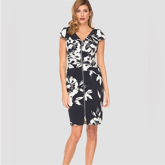 Joseph Ribkoff NWT Navy White Floral Large Collar Front Zip Bodycon Dress 8 - Picture 1 of 9